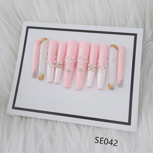 Gold white butterfly white flower diamond Handmade Nails
