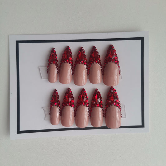 Pink Water Droplet Red Diamond Handmade Nails