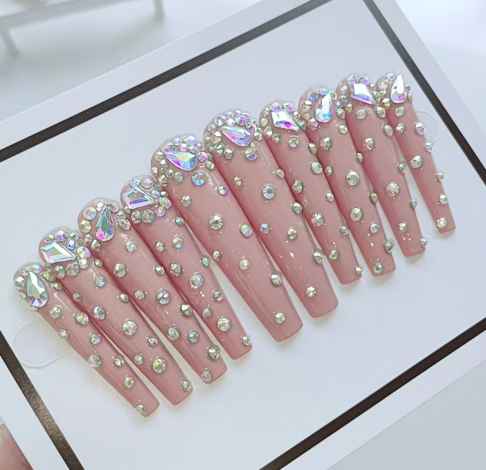 Long T Diamond Pink Handmade Nails