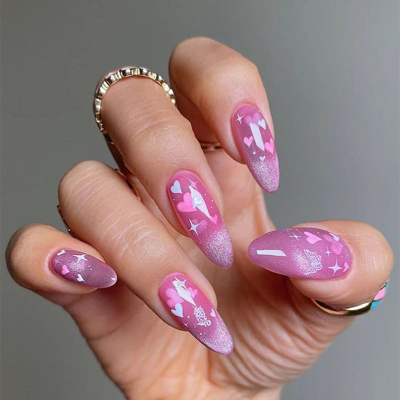 Girl Pink Cat's Eye Valentine Nails