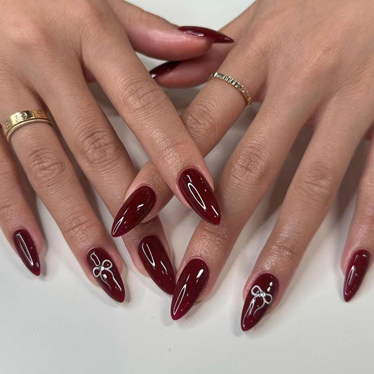 Wine Red Bow Valentine Nails