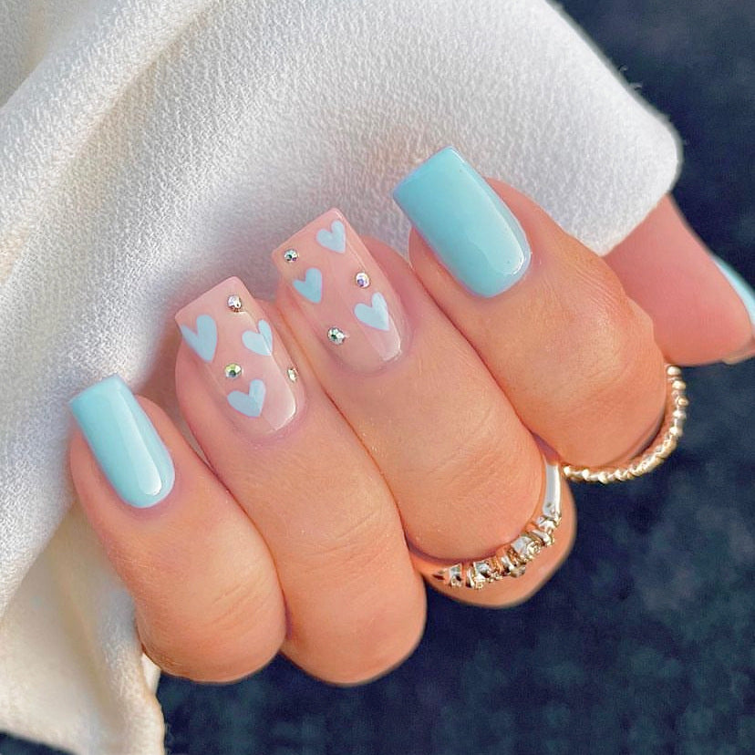 Blue Love Diamond Valentine Nails