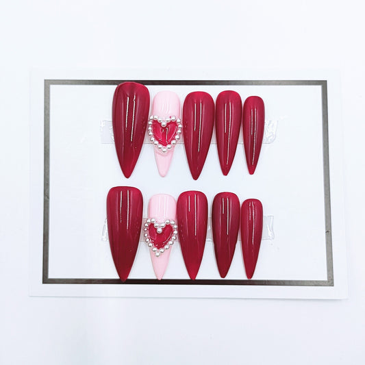 Sharp Rose Red Handmade Nails