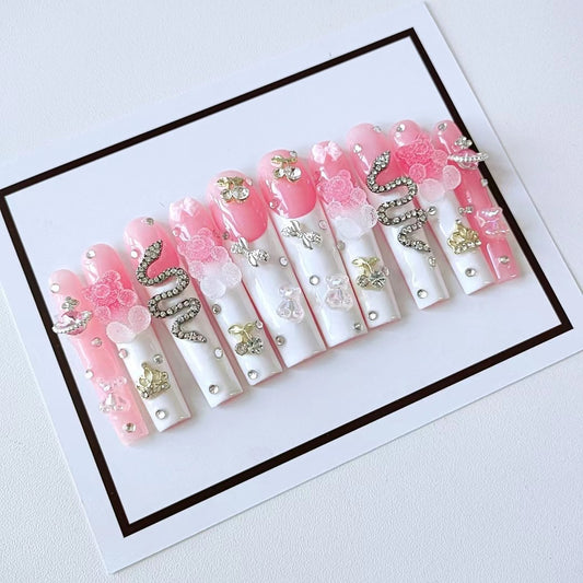 White Pink French Bear Silver Snake Handmade Nails