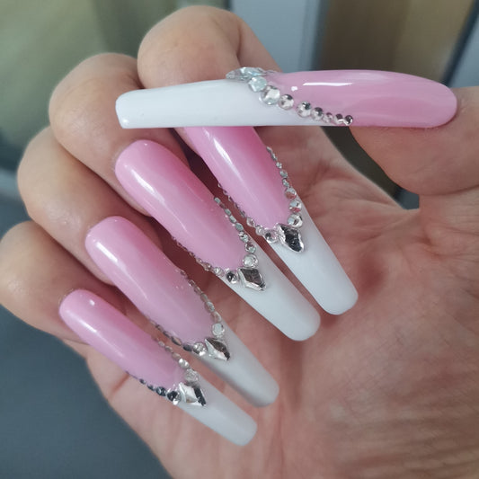 Pink White Diamond Handmade Nails