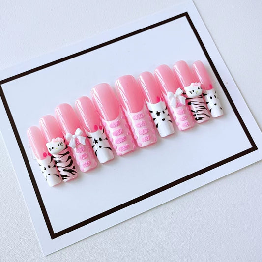 Bright pink kitten Handmade Nails