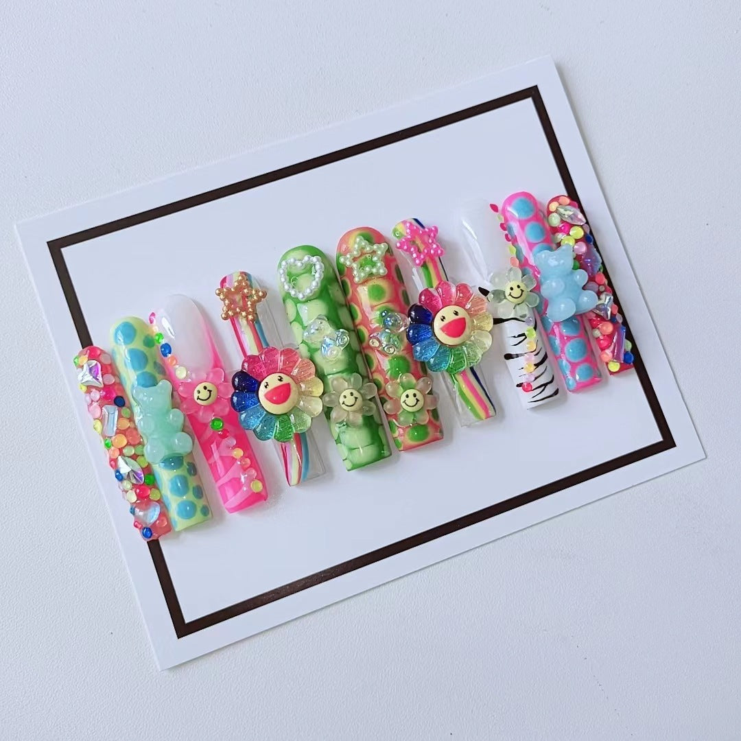 Colorful Flower Bear Diamond Handmade Nails