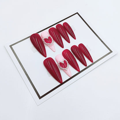 Sharp Rose Red Handmade Nails