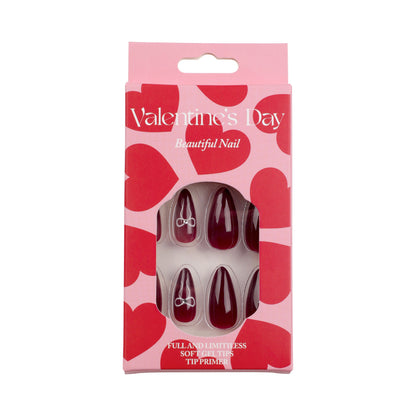 Wine Red Bow Valentine Nails