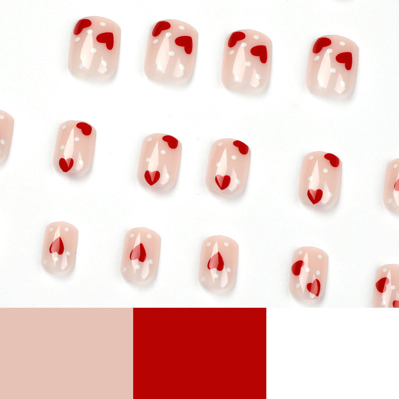 White Wave Dots Red Heart Valentine Nails